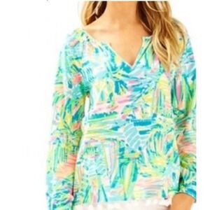 Lilly Pulitzer Linzy Tassel Top Sea Salt and Sun print size SM‎ cotton